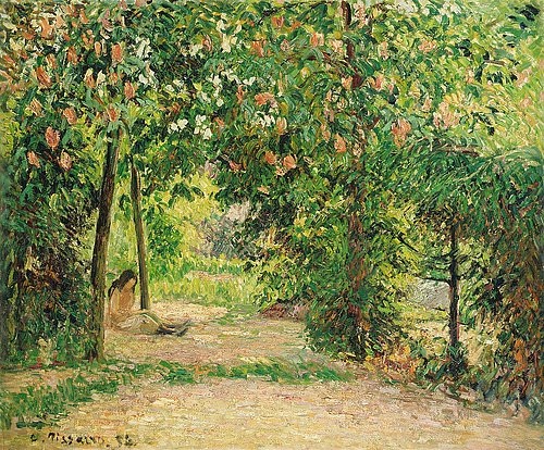 Camille Pissarro, Der Garten in Eragny im Frühling (Le Jardin au Printemps à Eragny). 1894 (Pissarro,Camille,1830-1903,Christie's Images Ltd,Öl auf Leinwand,19. Jahrhundert,Impressionismus,Camille Pissarro,Blätter,Blätterdach,im Grünen,grün,Frühling,Garten,auf dem Boden sitzen,Frau,Freizeit,Eragny,Laub,Bäume,draußen,friedlich,Baum,Baumblüte,Lieb)