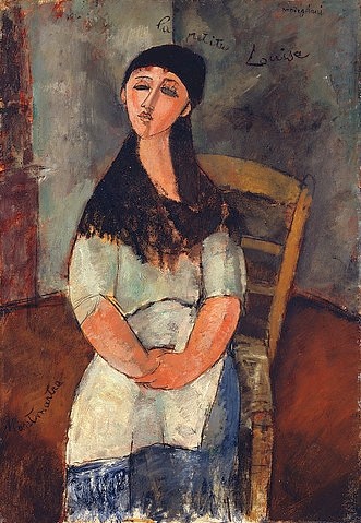 Amadeo Modigliani, Die kleine Louise (La Petite Louise). 1915 (Modigliani,Amadeo,1884-1920,Christie's Images Ltd,Öl/Karton,20. Jahrhundert,Portrait,Amedeo Modigliani,Frau,Sitzende,sitzen,Dreiviertelfigur,Stuhl,Arme,stark,langes Haar,langhaarig,Schürze,Louise,braunhaarig,Handschrift,Titel,betitelt)