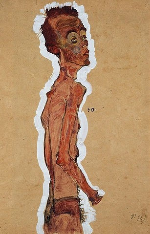 Egon Schiele, Selbstbildnis. 1910 (Gouache/Aquarell/Kreide, Expressionismus, Selbstbildnis, Schiele, Mann, Akt, abgemagert, ausgemergelt, ausgezehrt, dünn, mager, krank, dürr, Körper, männlich, Schamhaare, Rückenakt, Wohnzimmer, Schlafzimmer, Wunschgröße, bunt)
