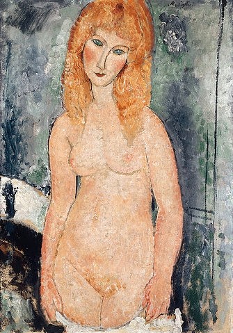 Amadeo Modigliani, Stehender Akt. Um 1917-18 (Modigliani,Amadeo,1884-1920,Christie's Images Ltd,Öl auf Leinwand,20. Jahrhundert,Amedeo Modigliani,blond,blondes Haar,lange Haare,langes Haar,langhaarig,Akt,weiblicher,Frau,blaue Augen,Schönheit,stehen,Stehende,rosig,rosige Wangen)