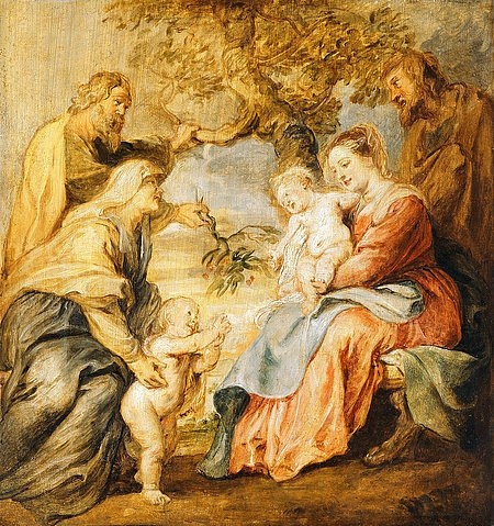 Peter Paul Rubens, Die heilige Familie mit Elisabeth, Zacharias und Johannes dem Täufer. (Heilige Familie, Jesuskind, Maria, Joseph, heilige Elisabeth, Zacharias, Johannes, Religion,  Barock, Klassiker, Malerei,  Treppenhaus, Wohnzimmer, Wunschgröße, bunt)