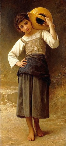 William Adolphe Bouguereau, Mädchen mit Wasserkrug. (Bouguereau,William Adolphe,1825-1905,Christie's Images Ltd,Öl auf Leinwand,19. Jahrhundert,William Adolphe Bouguereau,Wasserkrug,Wassergefäß,barfuß,Mädchen,Kind,Wasser holen,auf der Schulter tragen,Hand an der Hüfte)