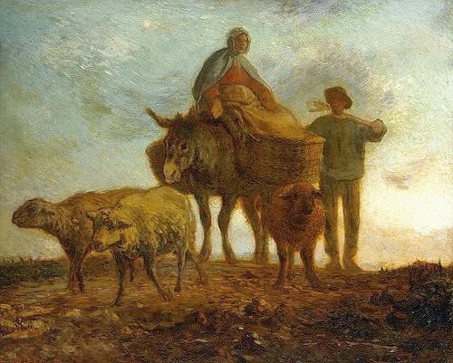 Jean-François Millet, Rückkehr vom Feld. (Bauerngenre, Landarbeit, Feierabend, Heimkehr, Feldarbeiter, Schafe, Esel, Dämmerung, Realismus, Malerei, Wohnzimmer, Klassiker, Wunschgröße, bunt)