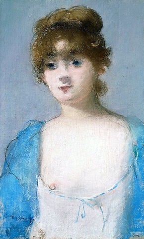Édouard Manet, Junges Mädchen im Morgenrock (Jeune Fille en Déshabille). 1882 (Portrait, Mädchen, Pubertät,  Erotik, Brust, Nachthemd,  Nachtwäsche, verträumt, nachdenklich, Impressionismus, Wohnzimmer, Klassiker, Wunschgröße, bunt,)