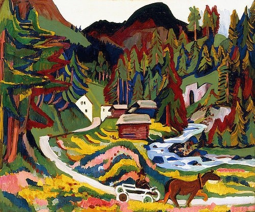 Ernst Ludwig Kirchner, Landschaft im Frühling, Sertig. 1924-25 (Kirchner,Ernst Ludwig,1880-1938,Christie's Images Ltd,Öl auf Leinwand,20. Jahrhundert,Expressionismus,Landschaft,Ernst Ludwig  Kirchner,Sertig,Sertigtal,Graubünden,Schweiz,Berge,Berglandschaft,Alpen,Fuhrwerk,Pferd,Tal,Bergdorf,Bergbach,Bach,Tannen,Bäume,B)