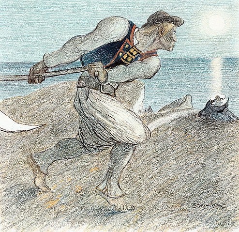 Théophile-Alexandre Steinlen, Der Sensenmann (Le Grand Faucheur). (Art Nouveau, Jugendstil, Sensenmann, Schnitter, Mann,Sense, Tod, lauern, grimmig, Gefahr, Liebepaar, Steilküste,heranpirschen, Wohnzimmer, Treppenhaus, Wunschgröße, bunt)