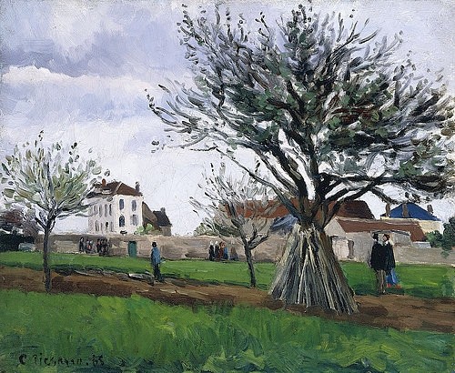 Camille Pissarro, Apfelbäume in Pontoise (Das Haus von Vater Gallien). 1868 (Impressionismus,Pissarro,Camille,1830-1903,19. Jahrhundert,Öl auf Leinwand,Christie's Images Ltd,Camille Pissarro,Apfelbaum,Gallien,Pontoise,Stammschutz,Baumschutz,Baum,Wiese,Feld,Gras, französischer impressionismus)