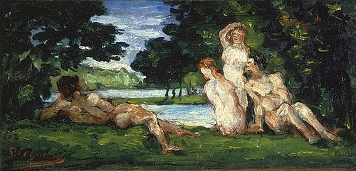 Paul Cézanne, Baigneurs et Baigneuses. (Cézanne,Paul,1839-1906,Christie's Images Ltd,Öl auf Leinwand,cézanne,paul cézanne,badende,frauen,männer,see,natur,landschaft,park,wald,grün,wiese,nackt,entspannt)