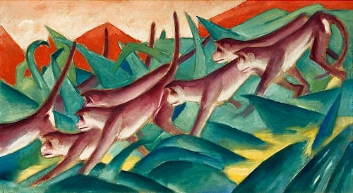 Franz Marc, Affenfries. 1911 (Hamburg,Kunsthalle,Marc,Franz,1880-1916,Öl,Franz Marc Blauer Reiter Expressionismus Affe Tier Tiere Fries Gruppe Affen Dschungel Herde exotisch kubistisch kristalin)