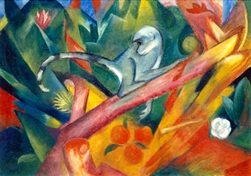 Franz Marc, Das Äffchen. 1912 (München,Städtische Galerie,Marc,Franz,1880-1916,Wildtiere,Marc, Franz 1880-1916,Franz Marc,19. Jahrhundert,20. Jahrhundert,Deutschland,deutsch,Expressionismus,expressionistisch,expressiv,Ausdruck,abstrakt,Affe,Meerkatze,Blaue Reiter,bunt,cubistisch,krista)