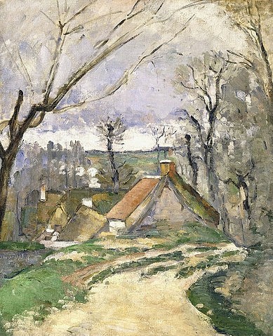 Paul Cézanne, Häuser in Auvers (Les chaumières à Auvers). 1872-73 (Cézanne,Paul,1839-1906,19. Jahrhundert,Öl auf Leinwand,Christie's Images Ltd,Paul Cezanne,Häuser,Bauernhaus,Bauernhäuser,Dorf,Auvers,Weg,Landstraße,Dorfstraße,kahl,kahler Baum,Dach,Giebel,Hausdach)