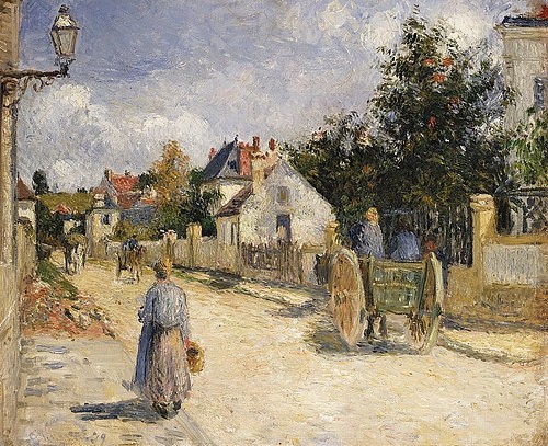 Camille Pissarro, Eine Straße in Pontoise. 1879 (Impressionismus,19. Jahrhundert,Öl auf Leinwand,Christie's Images Ltd,1830-1903,Pissarro,Camille,Camille Pissarro,Fuhrwerk,Alltag,alltägliche Szene,Straße,Dorf,Dorfstraße,Pontoise,Straßenlaterne,Rückenansicht,Frau,Fußgängerin, französischer impressionismu)