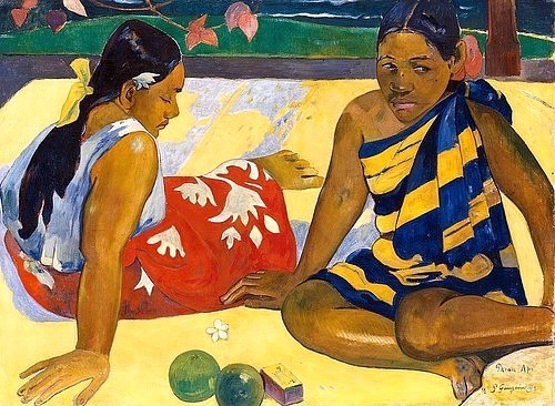 Paul Gauguin, Zwei Frauen von Tahiti. PARAU API (Gibt's was Neues?). 1892 (Gauguin,Paul,1848-1903,Öl auf Leinwand,Dresden,Gemäldegalerie,Gauguin,Paul Gauguin,19. Jahrhundert,Südsee,Frau,Frauen,Junge Frauen,Tahiti,Klassische Moderne,exotisch,Exotik,warm,natürlich,Mädchen,Rast,dunkelhäutig,bunte Kleidung,farbenfroh,bunt,tropisch,a)