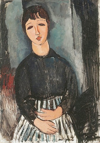 Amadeo Modigliani, Eine Dienerin in gestreifter Schürze (La Servante au Tablier Rayé). 1916 (Modigliani,Amadeo,1884-1920,Christie's Images Ltd,Öl auf Leinwand,20. Jahrhundert,Amedeo Modigliani,geneigter Kopf,Magd,Dienerin,Angestellte,Frau,Streifen,gestreift,schwarz weiß,schwarz-weiß,frontal,Halbfigur,dunkelhaarig,Pony)