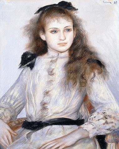 Pierre-Auguste Renoir, Porträt von Madeleine Adam. 1887 (Portrait  Mädchen, Teenager, Heranwachsende, Haarschleife, Locken,weißes Kleid, Impressionismus, klassische Moderne, Wunschgröße, Wohnzimmer, Malerei)