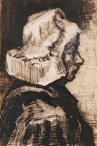 Vincent van Gogh, Kopf einer Bäuerin, Blick nach rechts. 1884 (Gogh,Vincent van,1853-1890,Christie's Images Ltd,Feder,19. Jahrhundert,Portrait,Tusche,Pinsel über Bleistift,Vincent van Gogh,im Profil,Frau,Kppf,Brustbild,Zeichnung,Haube,schwarz-weiß,Porträt,Bäuerin,Tracht,Kopfbedeckung,seitlich,Seitenansicht)