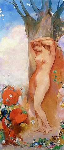 Odilon Redon, Der Frühling (La Renouveau). Um 1908 (Symbolismus, Figurativ, Frau, Frühling, Erneuerung, Neubeginn, Akt, nackt, Blumen, Baum, Treppenhaus, Wohnzimmer, Wunschgröße, klassische Moderne, Malerei, bunt)