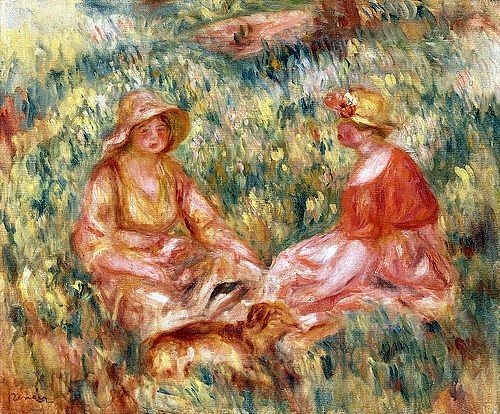 Pierre-Auguste Renoir, Zwei Frauen auf einer Wiese (Deaux Femmes dans l'herbe). Um 1910 (Landschaft, Wiese, Sommer, zwei Frauen, Gespräch, Freizeit,  Freundinnen, Sonnehut, Wiese, Impressionismus, klassische Moderne, Wunschgröße, Wohnzimmer, Malerei)