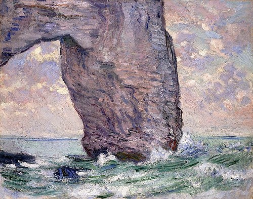 Claude Monet, La Manneporte (La Manneporte vue en Aval). 1883 (Monet,Claude,1840-1926,Christie's Images Ltd,Öl auf Leinwand,19. Jahrhundert,Impressionismus,Landschaft,Claude Monet,Seestück,Meer,Felsen,Fels,Felsbogen,von unten gesehen,flussabwärts,Untersicht,Blick durch,Natur,niemand,bewegte See,Wellen,impressionistis)