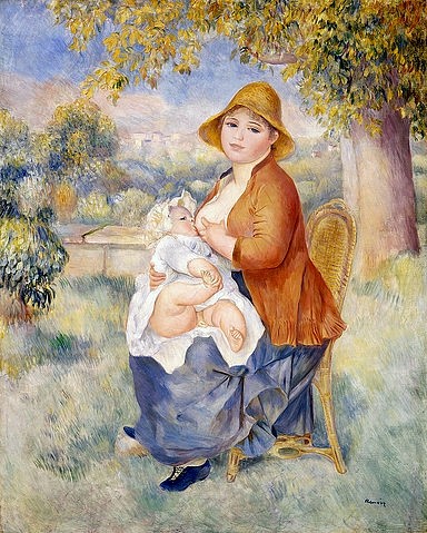 Pierre-Auguste Renoir, Mutter und Kind, Mutterschaft (La Mère et l'Enfant, Maternité). 1886 (Mutter, Baby, Kind, Stillen, Brust, säugen, Säugling, Garten,  sonnig, Idylle,  Impressionismus, klassische Moderne, Wunschgröße, Wohnzimmer, Malerei)