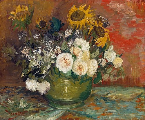 Vincent van Gogh, Schale mit Sonnenblumen, Rosen und anderen Blumen. 1886 (Stillleben, Blumenstillleben,  Blumen, Rosen, Sonnenblumen, Blumenschale, Schale, Klassische Moderne, Impressionismus, Wohnzimmer, Treppenhaus, Wunschgröße, bunt)