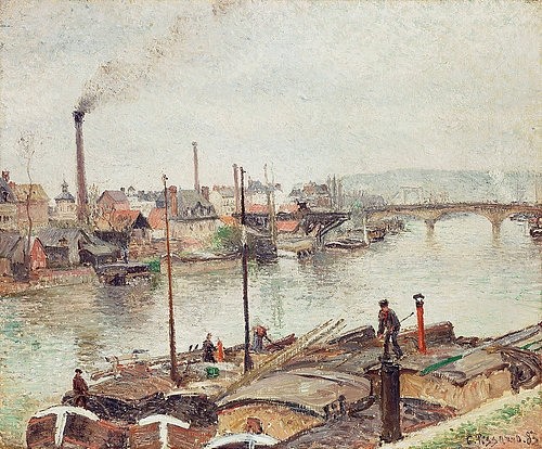 Camille Pissarro, Der Hafen von Rouen. 1883 (Impressionismus,19. Jahrhundert,Öl auf Leinwand,Christie's Images Ltd,1830-1903,Pissarro,Camille,Camille Pissarro,Kahn,Kähne,Frachtkahn,Schifffahrt,Fluss,Rouen,Hafen,Schornstein,Schornsteine,Industrie,Hafenstadt,Rauch,Industrialisierung,Transport, französ)