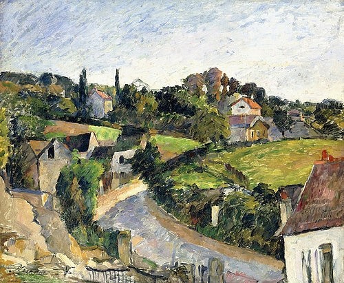 Paul Cézanne, Die Straßenkurve (La Route Tournante). Um 1877 (Cézanne,Paul,1839-1906,Christie's Images Ltd,Öl auf Leinwand,19. Jahrhundert,Paul Cezanne,Straße,Kurve,bergauf,ansteigend,Dorf,Häuser,Hügel,gebogen,erhöhter Betrachterstandpunkt,ländlich,Ruhe)