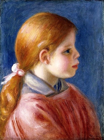 Pierre-Auguste Renoir, Kopf eines jungen Mädchens. 1888 (Portrait, Profil, Seitenansicht, Kind, Mädchen, Kinderbildnis, rotblond,  Zopf, Schleife, Impressionismus, klassische Moderne, Wunschgröße, Wohnzimmer, Malerei)