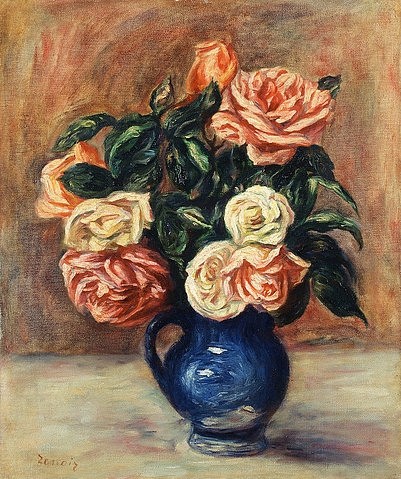 Pierre-Auguste Renoir, Rosen in einer blauen Vase. Um 1900 (Stillleben, Blumen,  Blumenstrauß, Rosen,blauer Krug, Impressionismus, klassische Moderne, Wunschgröße, Esszimmer, Wohnzimmer, Malerei)