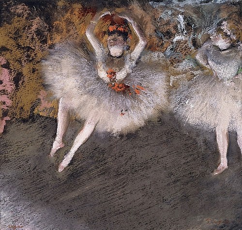 Edgar Degas, Le Pas Battu. Um 1879 (Degas,Edgar,1834-1917,Christie's Images Ltd,Pastell über Monotypie,19. Jahrhundert,Impressionismus,auf Papier,Edgar Degas,Ballett,Ballerina,Ballerinas,Tänzerin,Tänzerinnen,Tutu,Bühne,zwei,Pastell,Frauen,erhobene Arme,Aufführung,rosa,Spitze, französischer)