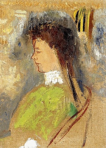 Odilon Redon, Violette Heymann. Um 1910 (Symbolismus, Figurativ, Frau, Portrait, Profil, Treppenhaus, Wohnzimmer, Wunschgröße, klassische Moderne, Malerei, bunt)