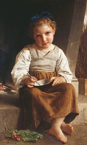 William Adolphe Bouguereau, Der Brei, kleines Mädchen beim Essen seiner Suppe (La Bouillie, Petite Fille Mangeant sa Soupe). 1872 (Bouguereau,William Adolphe,1825-1905,Christie's Images Ltd,Öl auf Leinwand,19. Jahrhundert,William Adolphe Bouguereau,barfuß,essen,Schüssel,Brei,löffeln,glühende Kohle,sitzen,Suppe,kleines Mädchen,Kind,arm,ärmlich,bescheiden,alleine,Bauernmädchen)