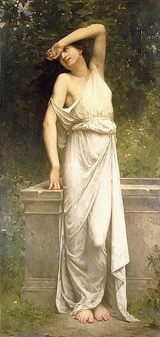 William Adolphe Bouguereau, Eine klassische Schönheit an einem Brunnen. (Bouguereau,William Adolphe,1825-1905,19. Jahrhundert,Öl auf Leinwand,Christie's Images Ltd,William Adolphe Bouguereau,erhobener Arm,klassisch,Schönheit,Frau,weiß,weißes Kleid,schulterfrei,draußen,Stehende,Ganzkörperfigur,Brunnen,die Augen verdecken,barfuß)