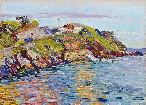 Wassily Kandinsky, Bucht von Rapallo. 1906 (Kandinsky,Wassily,München,Städtische Galerie,1866-1944,Öl/Karton,20. Jahrhundert,Landschaft,Italien,Kandinsky, Wassily 1866-1944,Wassily Kandinsky,19. Jahrhundert,20. Jahrhundert,Italien,italienisch,Rapallo,Bucht,Meer,Ufer,Strand,Hügel,Dorf,Häuser,südlich)