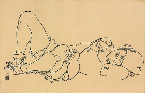 Egon Schiele, Liegende. 1918 (Frau, Liegende, Schlafende, Zeichnung, Erotik, Schwarze Kreide auf Papier, Expressionismus, Schlafzimmer, Wohnzimmer, Wunschgröße, beige/schwarz)