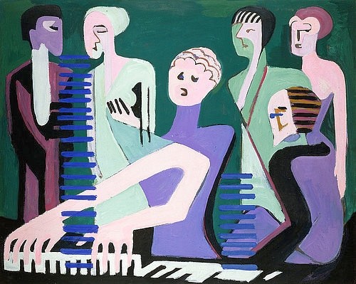 Ernst Ludwig Kirchner, Sängerin am Piano (Pianistin). 1929 (Kirchner,Ernst Ludwig,1880-1938,Christie's Images Ltd,Öl auf Leinwand,20. Jahrhundert,Ernst Ludwig Kirchner,Gruppe,Frau,Frauen,Mann,lila,violett,grün,Nacht,Nachtleben,Klavier,Pianistin,ein Instrument spielen,Sängerin,singen)