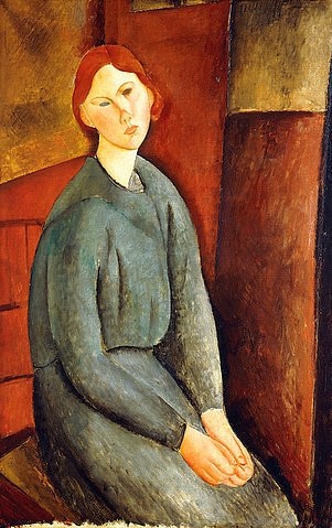 Amadeo Modigliani, Porträt von Annie Bjarne.  1919 (Modigliani,Amadeo,1884-1920,Christie's Images Ltd,Öl auf Leinwand,20. Jahrhundert,Amedeo Modigliani,Annie Bjarne,Hände im Schoß,Frau,sitzen,Sitzende,traurig,mutlos,hängende Schultern,rotbraun,grau,rothaarig,rote Haare)
