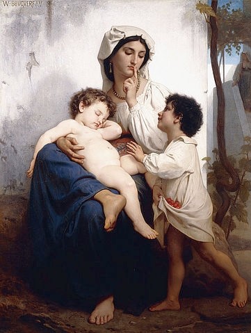 William Adolphe Bouguereau, Der Schlaf (Le Sommeil). 1864 (Bouguereau,William Adolphe,1825-1905,19. Jahrhundert,Öl auf Leinwand,Christie's Images Ltd,William Adolphe Bouguereau,Baby,Kleinkind,Bruder,Geschwister,Mutter,Kind,Kinder,Frau,schlafen,Schlaf,Stille,still sein,Finger am Mund,Geste,Zeigefinger)