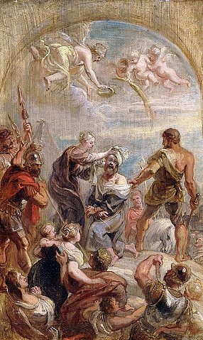 Peter Paul Rubens, Das Martyrium des hl. Paulus (ein Modelletto). (Martyrium, Tod, Enthauptung, Heiliger, Apostel, Paulus von Tarsos, Engel, Putten, Barock, Klassiker, Malerei,  Treppenhaus, Wohnzimmer, Wunschgröße, bunt)