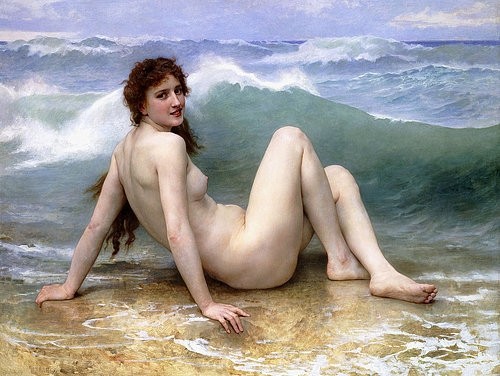 William Adolphe Bouguereau, Die Welle (La Vague). 1896 (Bouguereau,William Adolphe,1825-1905,19. Jahrhundert,Öl auf Leinwand,Christie's Images Ltd,William Adolphe Bouguereau,Strand,Meer,Wasser,Welle,Frau,Akt,weiblich,nackt,blass,draußen,baden,Badende,Blickkontakt,langes Haar,lange Haare,Kitsch,kitschig)