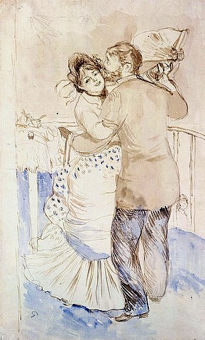 Pierre-Auguste Renoir, Tanz auf dem Land (La Danse à la Campagne). 1883 (Paar, Tanz, Tanzende, Umarmung, Spaß, Mann,Frau, tanzen, Fächer, Aquarell, Studie, Zeichnung, Impressionismus, klassische Moderne, Wunschgröße, Wohnzimmer, Malerei)