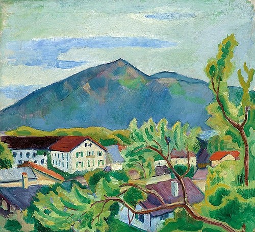 August Macke, Frühlingslandschaft in Tegernsee. 1910 (Macke,August,1887-1914,Christie's Images Ltd,Öl auf Leinwand,20. Jahrhundert,August Macke,Frühling,Bayern,Alpen,Bayerische Alpen,Berg,Tegernsee,Kleinstadt,Zweig,Wallberg,Formreduzierung,Kolorismus,farbenfroh,farbig)