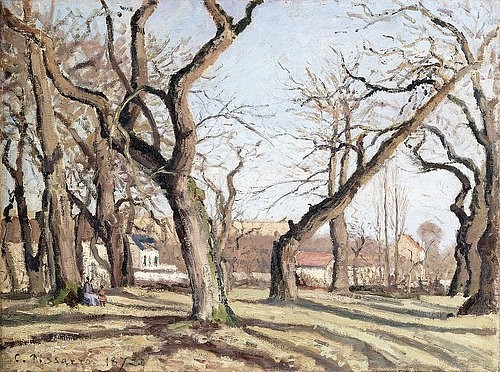 Camille Pissarro, Kastanienbäume in Louveciennes (Bois de Châtaigniers à Louveciennes). 1872 (Pissarro,Camille,1830-1903,Impressionismus,19. Jahrhundert,Öl auf Leinwand,Christie's Images Ltd,Camille Pissarro,Kastanienbaum,Kastanienbäume,Wald,Wäldchen,Baumgruppe,Esskastanie,Esskastanienbäume,Louveciennes,kahl,kahle Bäume,Baum,abgeknickt,umgeknickt,)