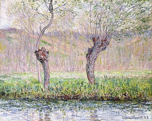 Claude Monet, Frühling, Weidenbäume (Printemps, saules). 1885-86 (Monet,Claude,1840-1926,Christie's Images Ltd,Öl auf Leinwand,19. Jahrhundert,Impressionismus,Landschaft,Claude Monet,Weide,Weiden,Weidenbaum,Weidenbäume,Baum,Bäume,Frühling,Fühlingsanfang,April,blühen,Knospen,zwei,friedlich,Frühlingslandschaft,hell,hellgr)