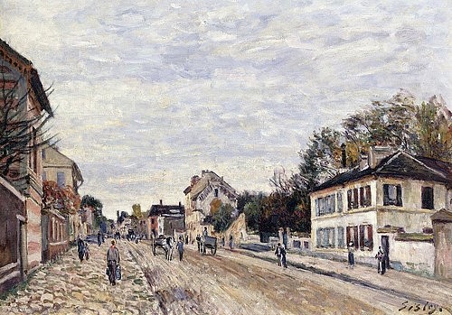 Alfred Sisley, Straßenszene in Marly (Scène de rue à Marly). 1876 (Stadt, Architektur, Straße, Kopfsteinpflaster, Menschen, Alltagsszene, Frankreich, Idylle, Wohnzimmer, Treppenhaus, Impressionismus, Klassische Moderne, Malerei, Wunschgröße, bunt)