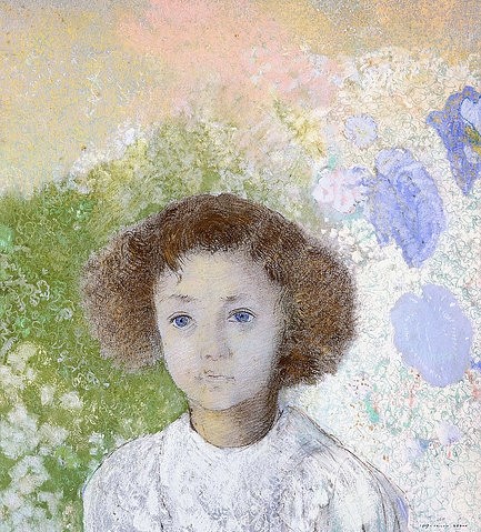 Odilon Redon, Porträt von Geneviève de Gonet als Kind. 1907 (Symbolismus, Figurativ, Mädchen, Kind, krause Haar, Locken, Portrait, Bildnis, Treppenhaus, Wohnzimmer, Wunschgröße, klassische Moderne, Malerei, bunt)
