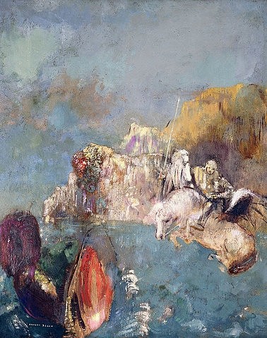 Odilon Redon, Der heilige Georg mit dem Drachen. 1909-10 (Symbolismus, Figurativ, Sagen,  Kampf, Drachen, Ungeheuer, Felsen, Religion, Treppenhaus, Wohnzimmer, Wunschgröße, klassische Moderne, Malerei, bunt)
