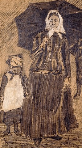 Vincent van Gogh, Sien unter einem Schirm mit einem Mädchen. 1882 (Clasina Hoornik, genannt Sien, war eine ledige Mutter eines 5-jährigen Kindes, mit der der Künstler einige Zeit lebte. Dieses ist eines der ersten Bilder, das van Gogh von ihr fertigte.) (Gogh,Vincent van,1853-1890,Christie's Images Ltd,Bleistift,19. Jahrhundert,weiße Kreide,auf getöntem Papier,Vincent van Gogh,5-jährig,Fünfjährige,Mädchen,Mutter,Frau,ledig,alleinerziehend,Alleinerziehende,Clasina Hoornik,Sien,Schirm,Kopftuch,Zeichnung,wei)