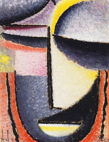 Alexej von Jawlensky, Inneres Schauen. 1928 (Jawlensky,Alexej von,1864-1941,Christie's Images Ltd,Öl/Karton,20. Jahrhundert,Alexej Von Jawlensky,Traum,Kopf,Gesicht,geschlossene Augen,schwarz,gelb,geometrisch,geometrische Formen,inneres Schauen,Meditation,meditativ,Gesicht,Ausdruck,Expression,frontal)