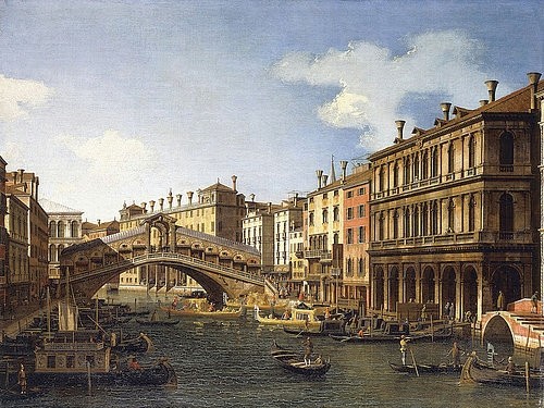 Canaletto (Giovanni Antonio Canal), Die Rialto Brücke in Venedig von Süden mit der Einschiffung des Prinzen von Sachsen während seines Besuchs 1740. (Canaletto (Giovanni Antonio Canal),1697-1768,Christie's Images Ltd,Öl auf Leinwand,18. Jahrhundert,Stadtansicht,Canaletto,Giovanni Antonio Canal,Grand Canal,Rialto,Rialtobrücke,Rialto-Brücke,Venedig,Kanal,Gondeln,Architektur)